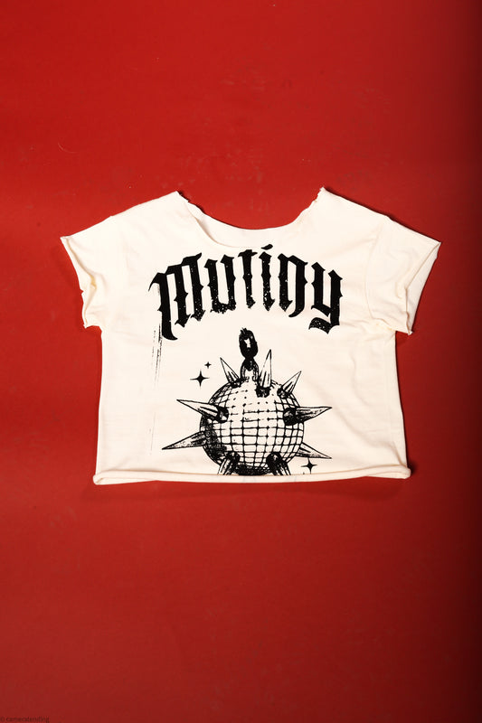 Mutiny Spiked Disco Ball - Distressed Crop Tee in Off-White